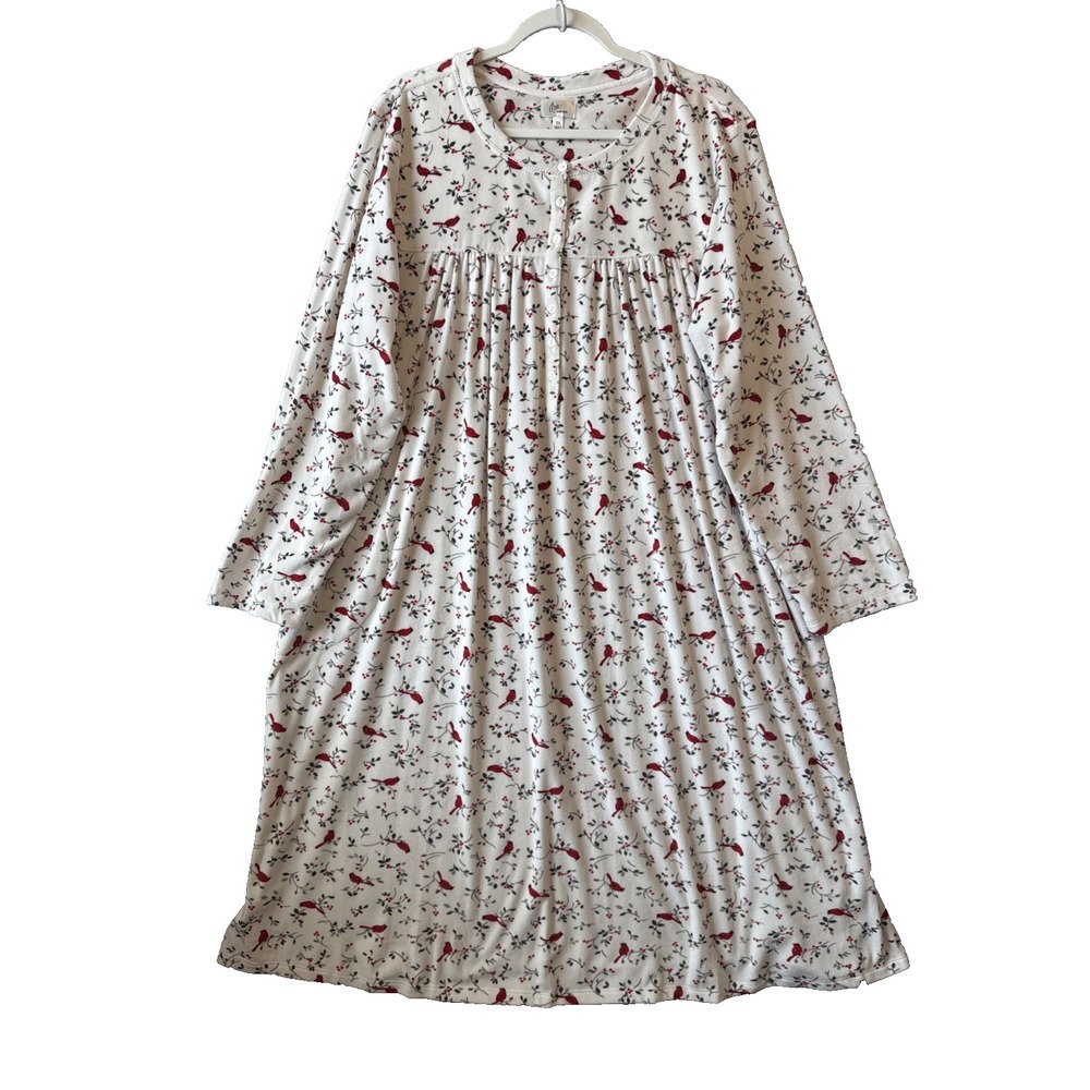 Aria Nightgown 3X Plus Red Cardinal Birds Velour Holiday Cottagecore Grandmacore